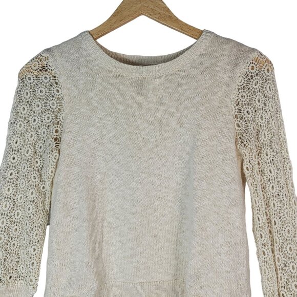 Lucky Brand Open Knit Top Cream Size XS Lace Chiffon Split Back Cinema Linen - Picture 2 of 7